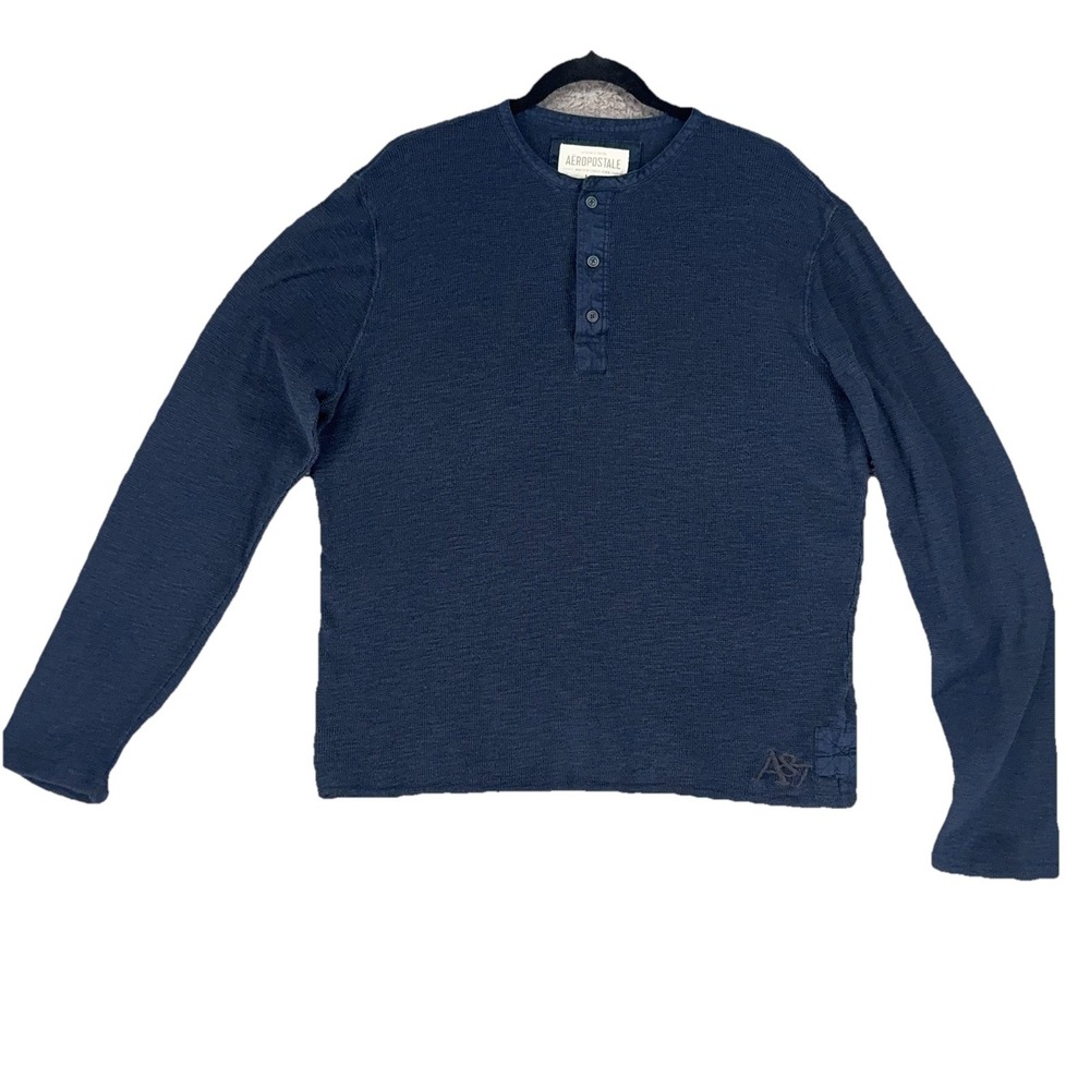 Aeropostale Men's Large Navy Waffle Knit Henley Long Sleeve Y2K‎ Era